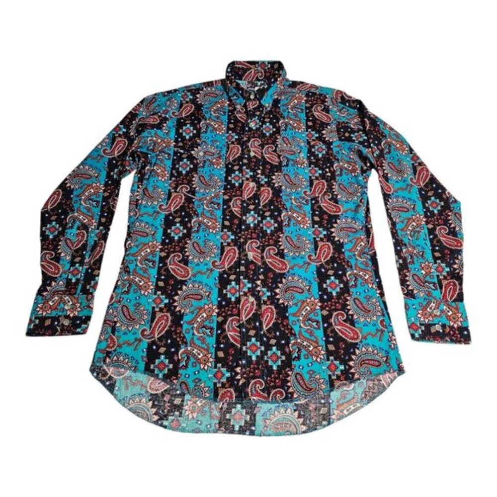Wrangler Western Cowboy Cut Paisley Mens 15.5-34 Button‎ Shirt Blue Black Stripe
